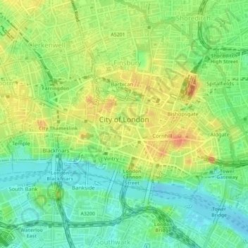 City of London topographic map, elevation, terrain