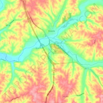 Pineville topographic map, elevation, terrain