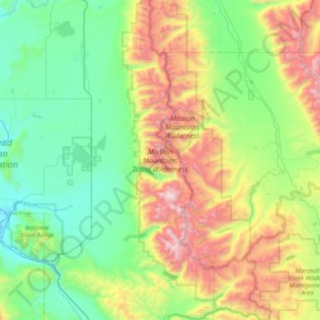 Mission Mountains Tribal Wilderness topographic map, elevation, terrain