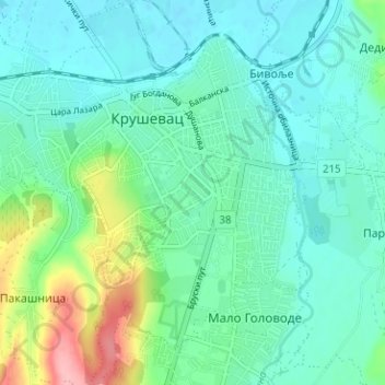Krusevac topographic map, elevation, terrain