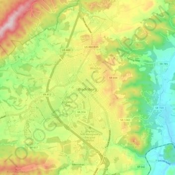 Blacksburg topographic map, elevation, terrain