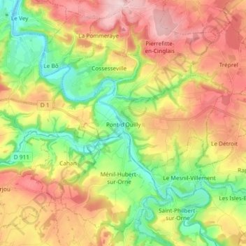 Pont-d'Ouilly topographic map, elevation, terrain