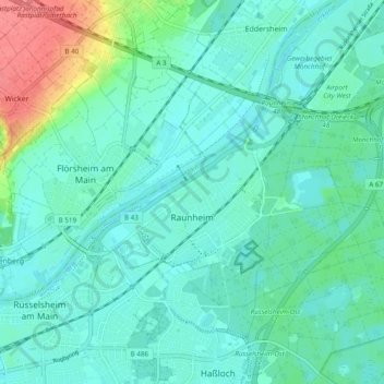 Raunheim topographic map, elevation, terrain