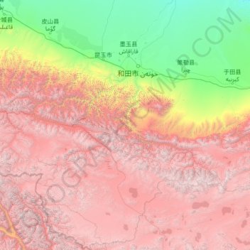 和田县 topographic map, elevation, terrain