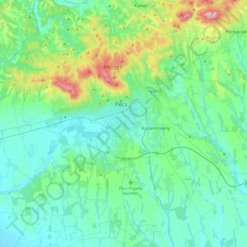 Pécsi kistérség topographic map, elevation, terrain