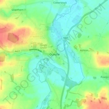 Oundle topographic map, elevation, terrain