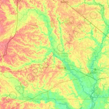 Southampton County topographic map, elevation, terrain