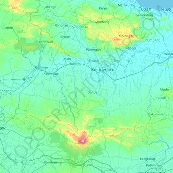 Bojonegoro topographic map, elevation, terrain