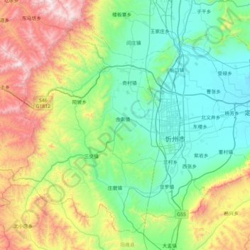 忻府区 topographic map, elevation, terrain
