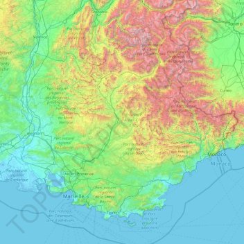 Provence-Alpes-Côte d'Azur topographic map, elevation, terrain