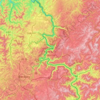 New River Gorge National Park and Preserve topographic map, elevation, terrain