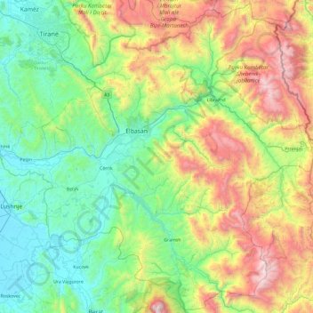 Elbasan County topographic map, elevation, terrain