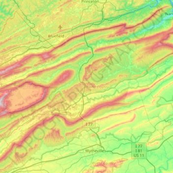 Bland County topographic map, elevation, terrain
