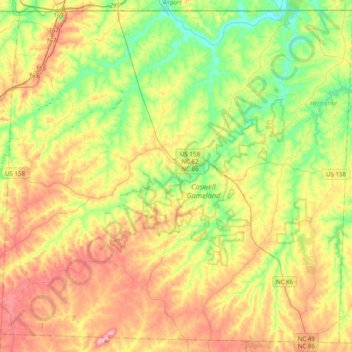 Caswell County topographic map, elevation, terrain