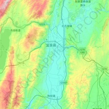 Kuangyuan Subdistrict topographic map, elevation, terrain