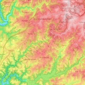 Wermelskirchen topographic map, elevation, terrain