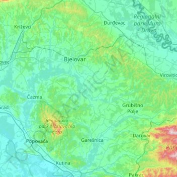 BjelovarBilogora County topographic map, elevation, terrain