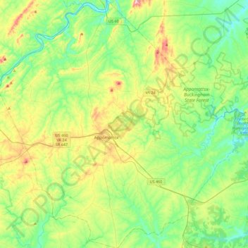 Appomattox County topographic map, elevation, terrain