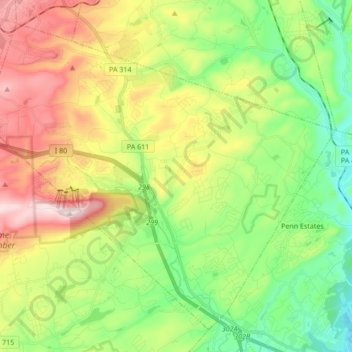 Pocono Township topographic map, elevation, terrain
