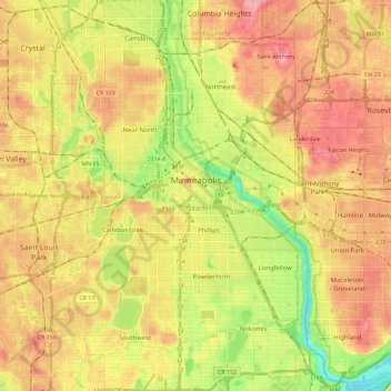 Minneapolis topographic map, elevation, terrain