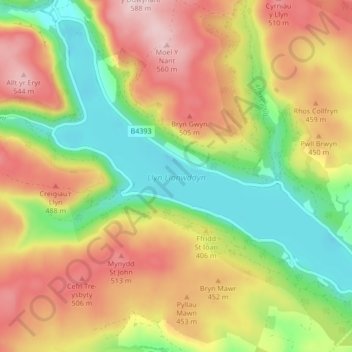 Lake Vyrnwy topographic map, elevation, terrain