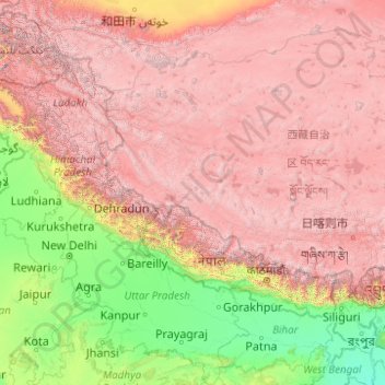 Lower Himalayan Range topographic map, elevation, terrain