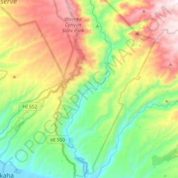 Waimea River topographic map, elevation, terrain