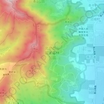 北京西山国家森林公园 topographic map, elevation, terrain