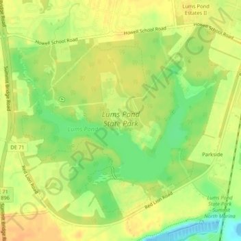 Lums Pond State Park topographic map, elevation, terrain