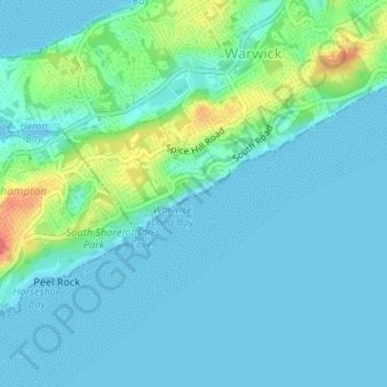 Warwick Long Bay Beach topographic map, elevation, terrain