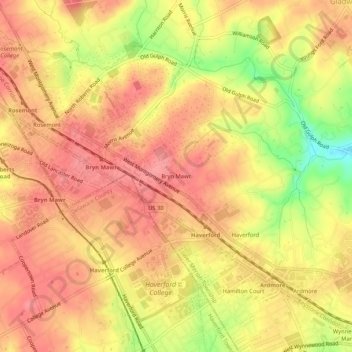 Bryn Mawr topographic map, elevation, relief