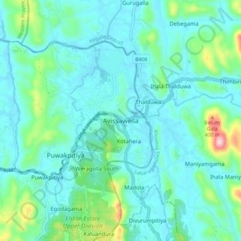 Avissawella topographic map, elevation, relief