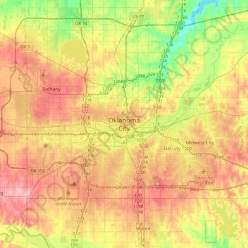 Oklahoma City topographic map, elevation, relief