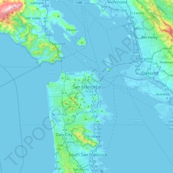 San Francisco topographic map, elevation, relief
