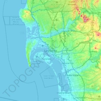 San Diego topographic map, elevation, relief