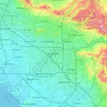 Anaheim topographic map, elevation, relief