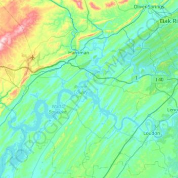 Roane County topographic map, elevation, relief