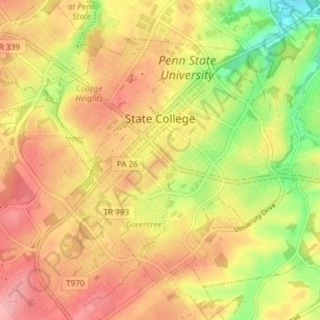 State College topographic map, elevation, relief