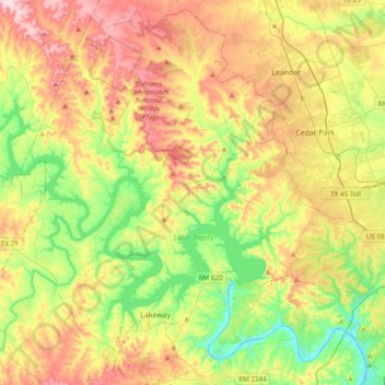 Lake Travis topographic map, elevation, relief