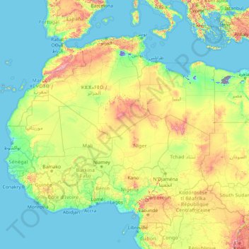 Sahara topographic map, elevation, relief