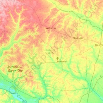 Barnwell County topographic map, elevation, relief