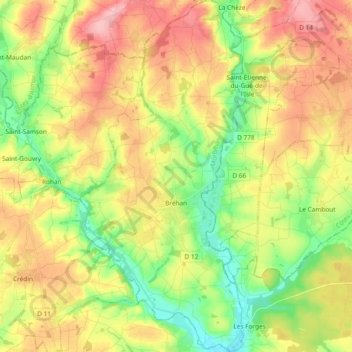 Bréhan topographic map, elevation, relief