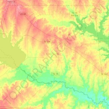 Rains County topographic map, elevation, relief