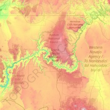 Grand Canyon National Park topographic map, elevation, relief
