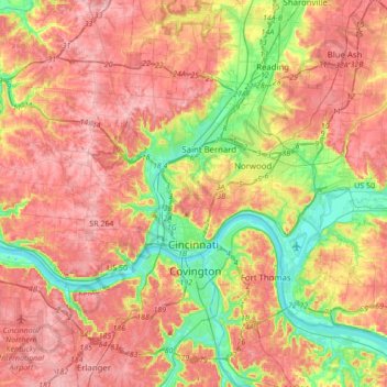 Cincinnati topographic map, elevation, relief