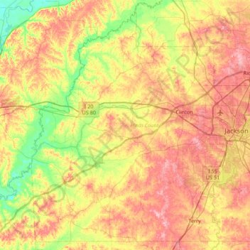 Hinds County topographic map, elevation, relief