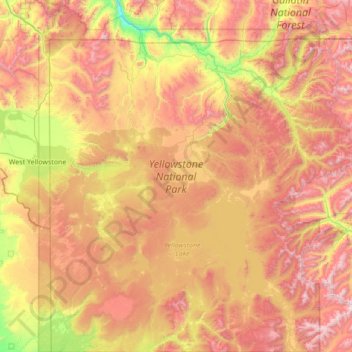 Yellowstone National Park topographic map, elevation, relief