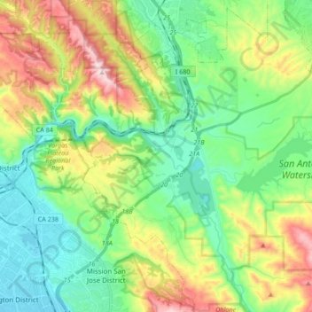 Sunol topographic map, elevation, relief