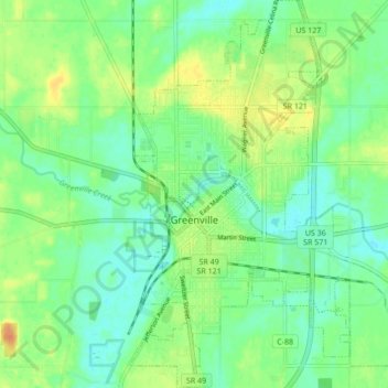 Greenville topographic map, elevation, relief