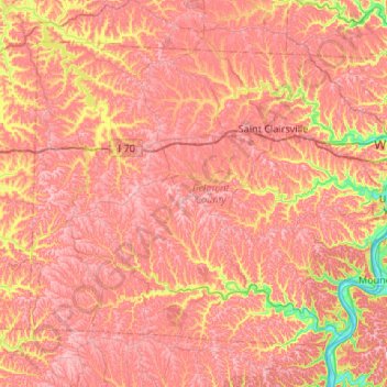 Belmont County topographic map, elevation, relief